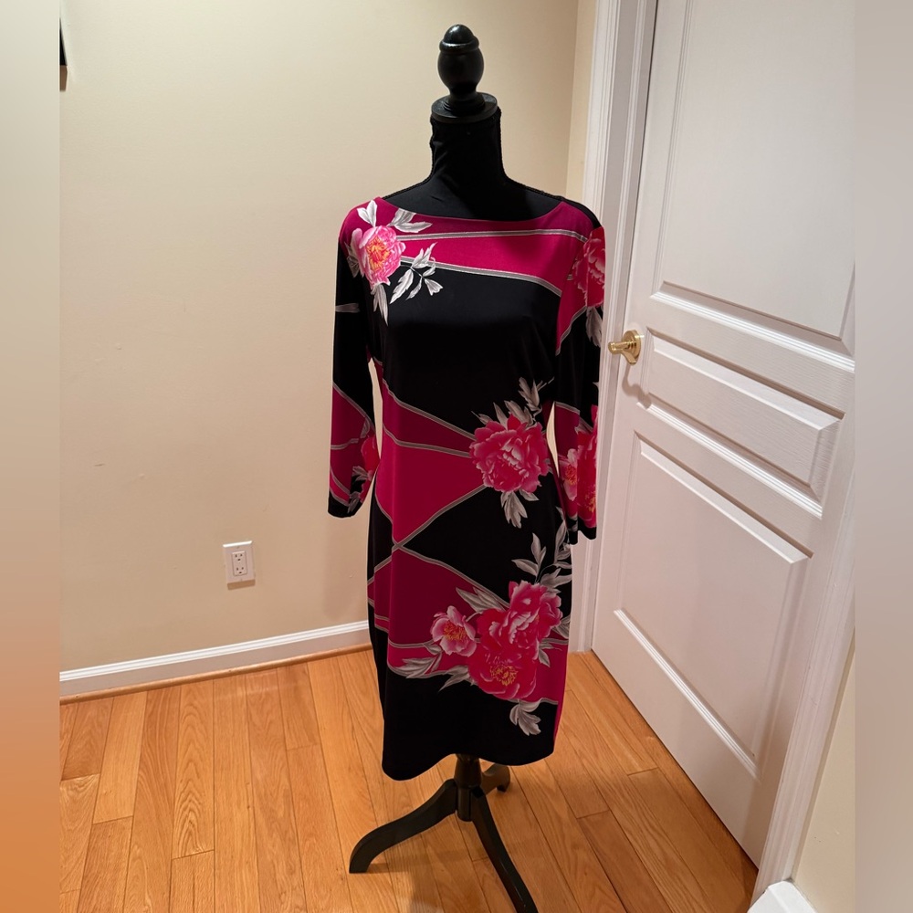 Cache Black and Pink Floral Long Sleeve Dress